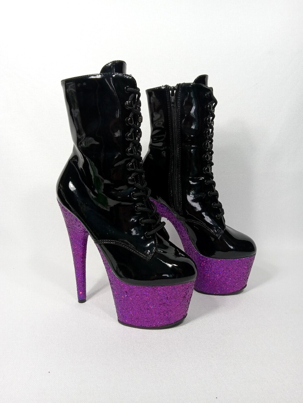 PLEASER Black Platform High Heel Boots with Purple Glitter Womens Size 7